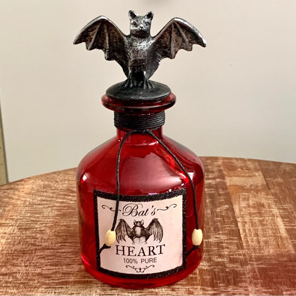 Bat’s Heart & Witch’s Brew Glass Potion Bottles with Figural Toppers Set of Two - Picture 2 of 8